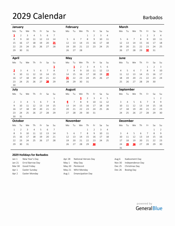 Standard Holiday Calendar for 2029 with Barbados Holidays 