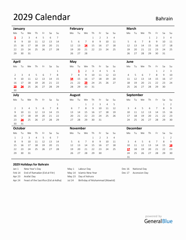 Standard Holiday Calendar for 2029 with Bahrain Holidays 