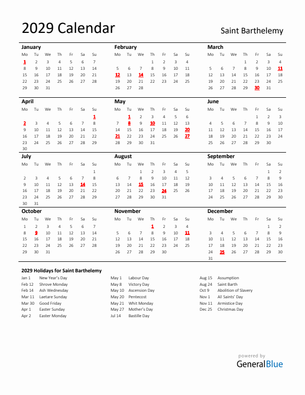Standard Holiday Calendar for 2029 with Saint Barthelemy Holidays 