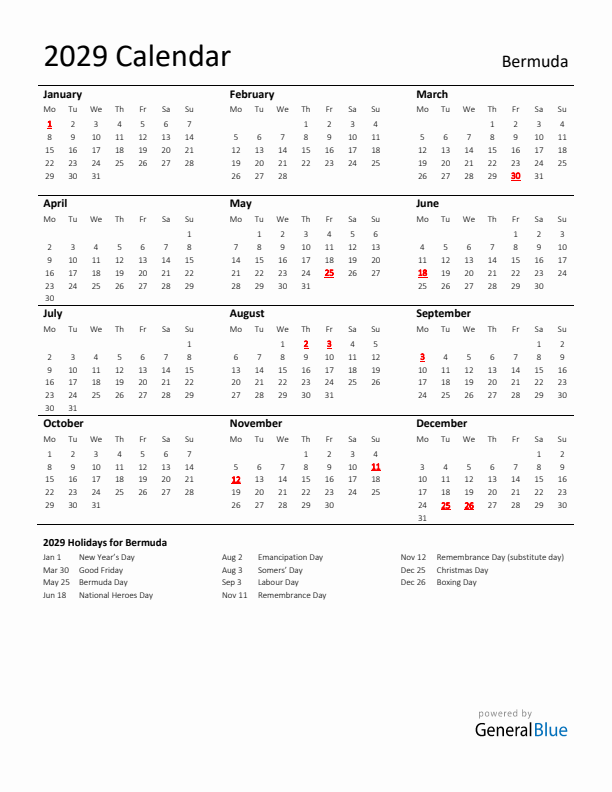 Standard Holiday Calendar for 2029 with Bermuda Holidays 