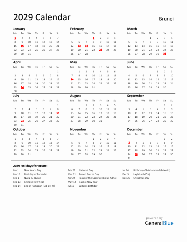 Standard Holiday Calendar for 2029 with Brunei Holidays 