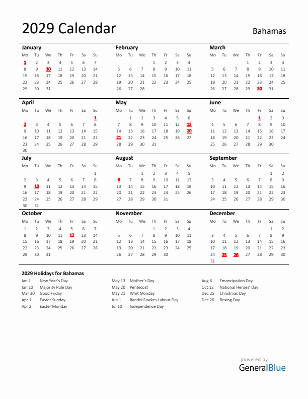 Standard Holiday Calendar for 2029 with Bahamas Holidays 
