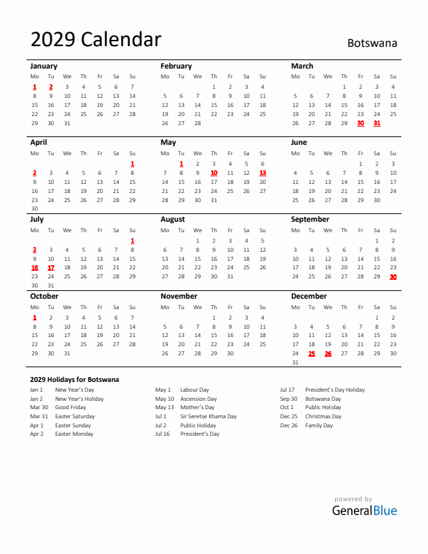 Standard Holiday Calendar for 2029 with Botswana Holidays 
