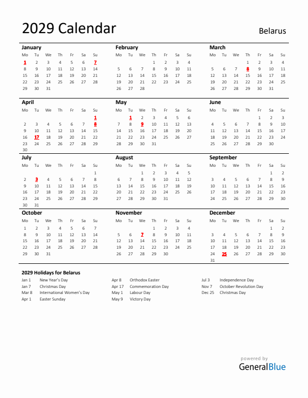 Standard Holiday Calendar for 2029 with Belarus Holidays 