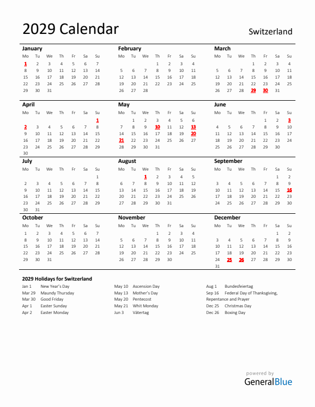 Standard Holiday Calendar for 2029 with Switzerland Holidays 