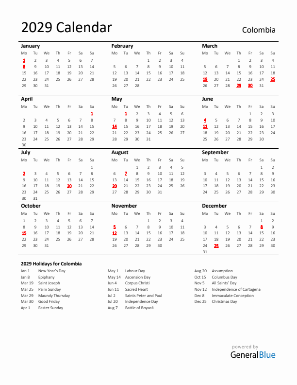 Standard Holiday Calendar for 2029 with Colombia Holidays 