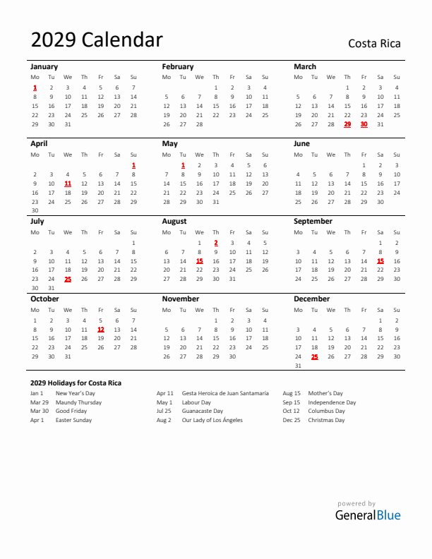Standard Holiday Calendar for 2029 with Costa Rica Holidays 