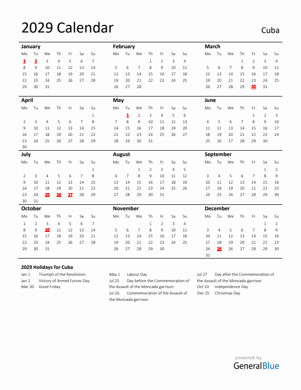 Standard Holiday Calendar for 2029 with Cuba Holidays 