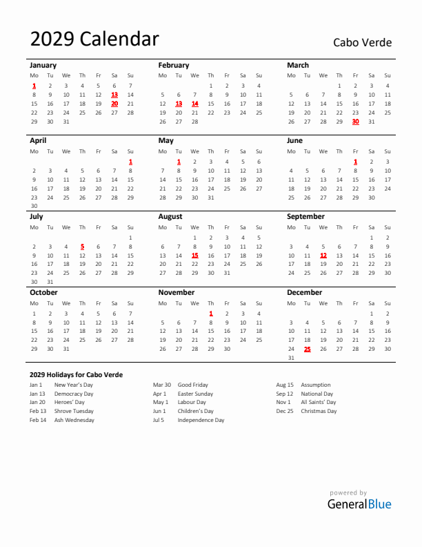 Standard Holiday Calendar for 2029 with Cabo Verde Holidays 