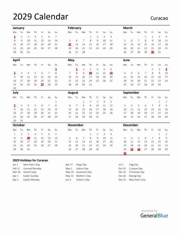 Standard Holiday Calendar for 2029 with Curacao Holidays 