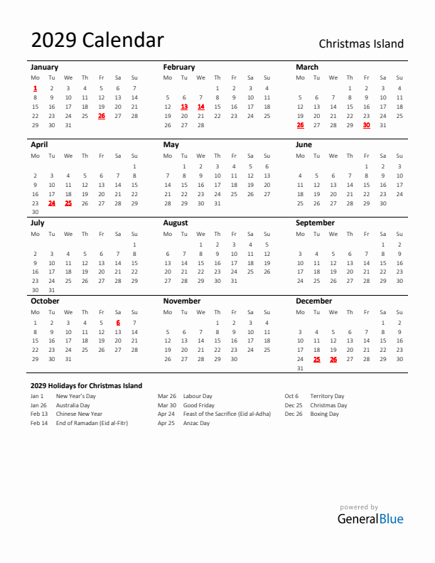 Standard Holiday Calendar for 2029 with Christmas Island Holidays 