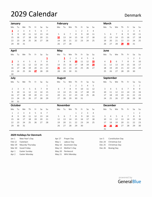 Standard Holiday Calendar for 2029 with Denmark Holidays 