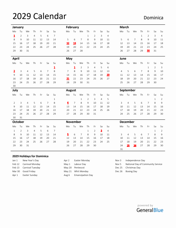 Standard Holiday Calendar for 2029 with Dominica Holidays 