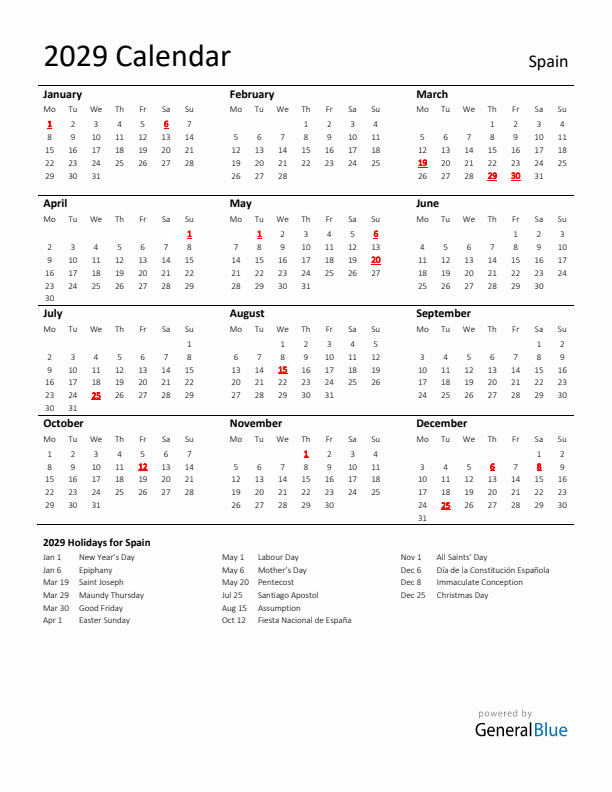 Standard Holiday Calendar for 2029 with Spain Holidays 