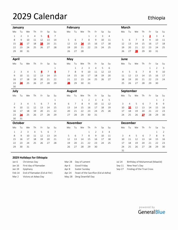 Standard Holiday Calendar for 2029 with Ethiopia Holidays 