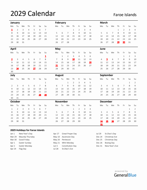 Standard Holiday Calendar for 2029 with Faroe Islands Holidays 