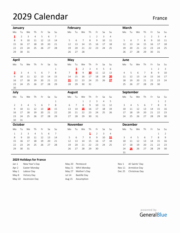 Standard Holiday Calendar for 2029 with France Holidays 