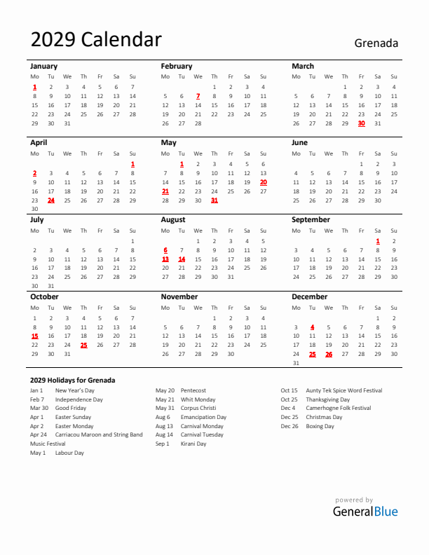 Standard Holiday Calendar for 2029 with Grenada Holidays 
