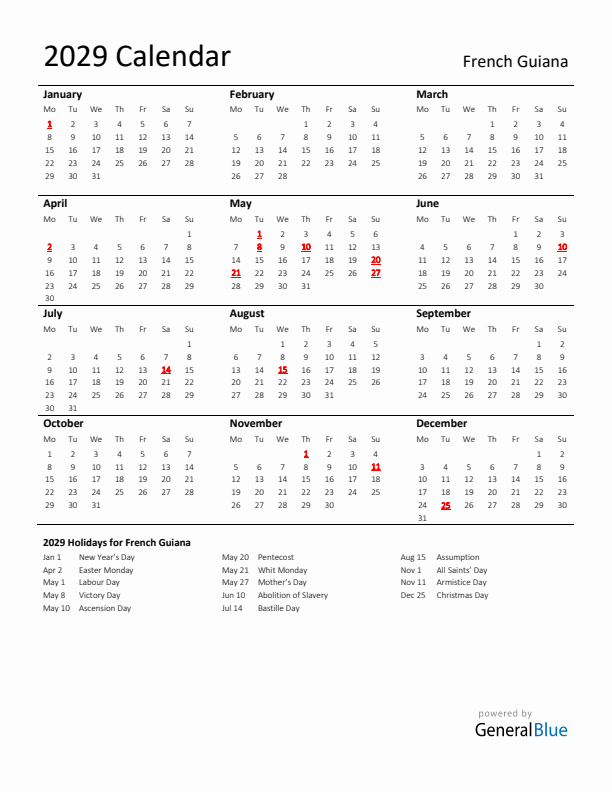 Standard Holiday Calendar for 2029 with French Guiana Holidays 