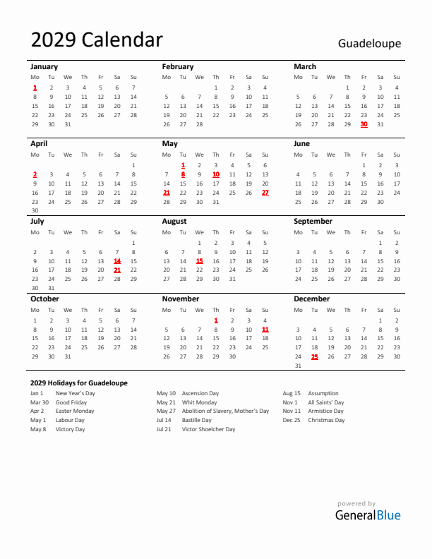 Standard Holiday Calendar for 2029 with Guadeloupe Holidays 