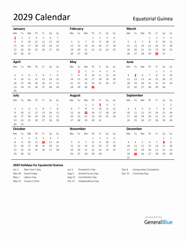 Standard Holiday Calendar for 2029 with Equatorial Guinea Holidays 