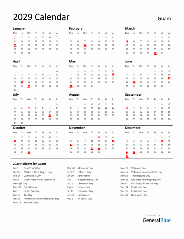Standard Holiday Calendar for 2029 with Guam Holidays 