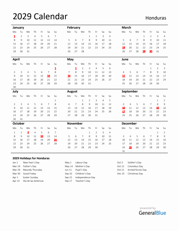 Standard Holiday Calendar for 2029 with Honduras Holidays 