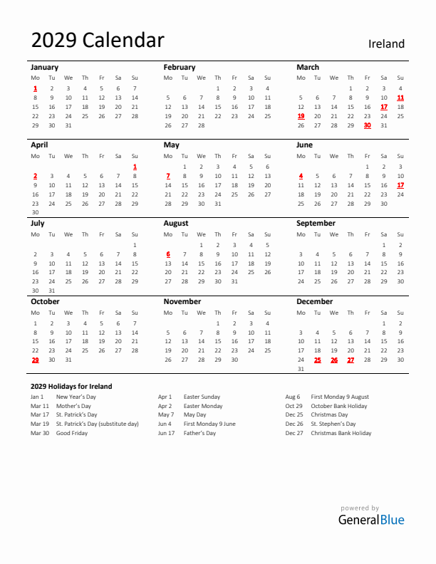 Standard Holiday Calendar for 2029 with Ireland Holidays 