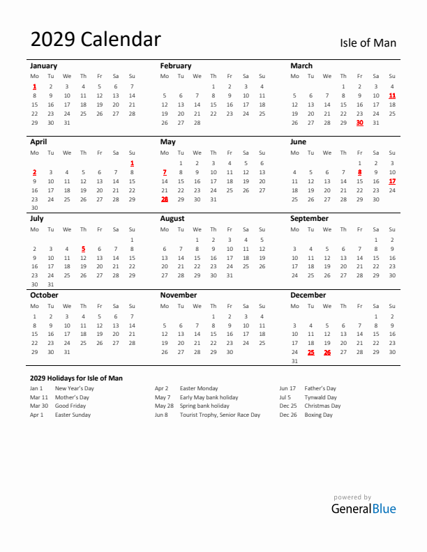 Standard Holiday Calendar for 2029 with Isle of Man Holidays 