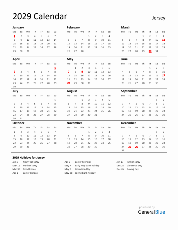 Standard Holiday Calendar for 2029 with Jersey Holidays 