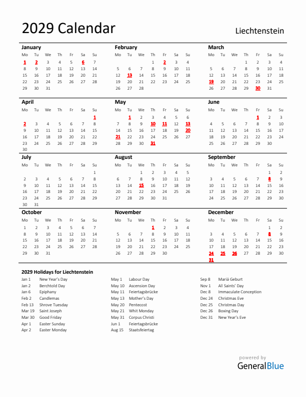 Standard Holiday Calendar for 2029 with Liechtenstein Holidays 