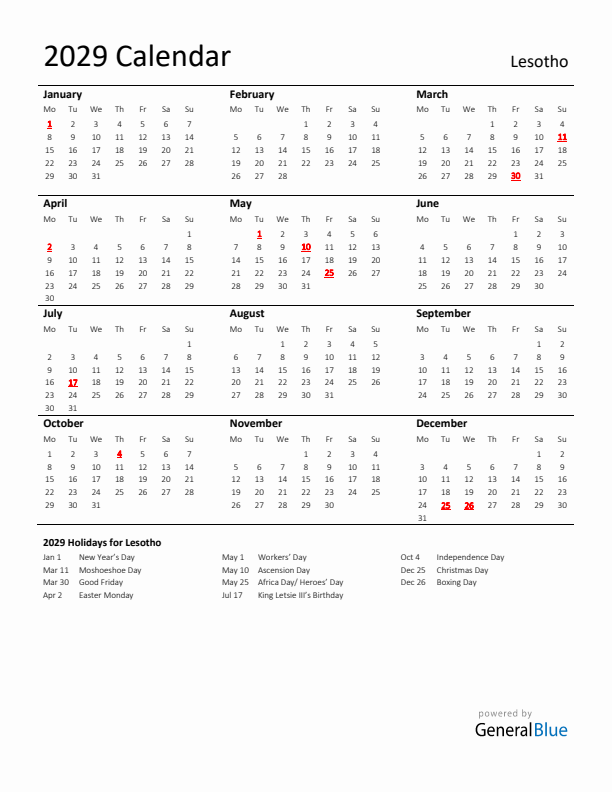 Standard Holiday Calendar for 2029 with Lesotho Holidays 