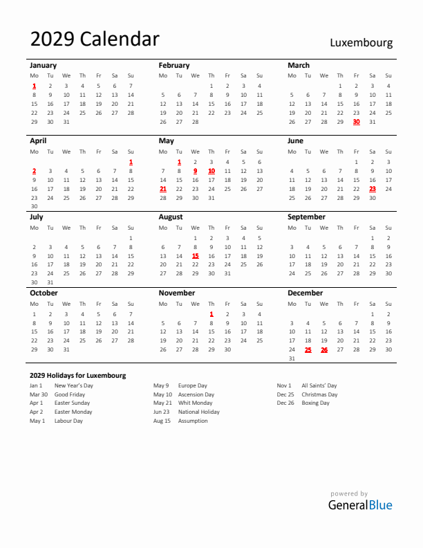 Standard Holiday Calendar for 2029 with Luxembourg Holidays 