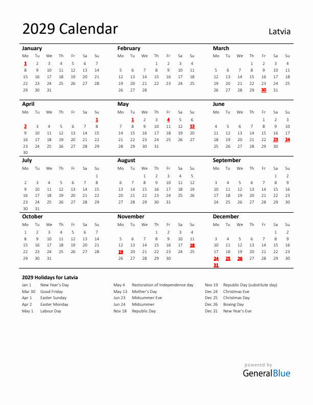 Standard Holiday Calendar for 2029 with Latvia Holidays 