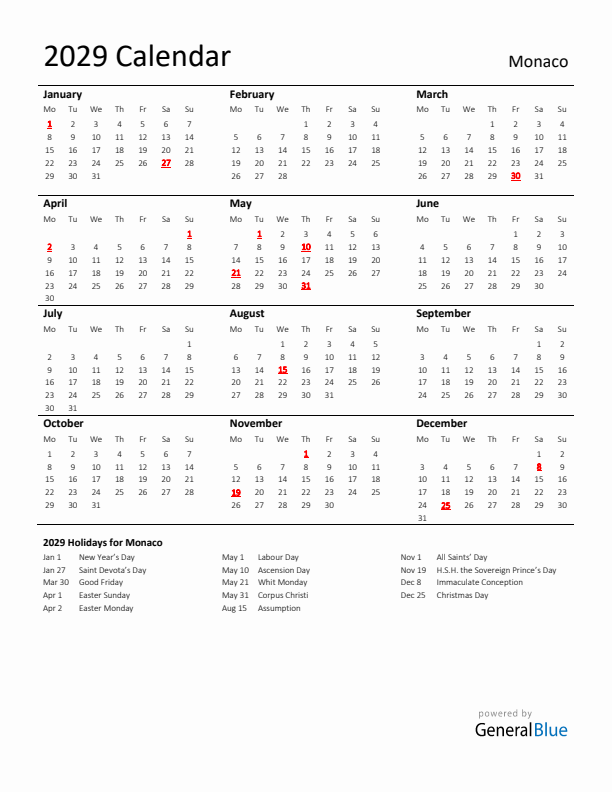 Standard Holiday Calendar for 2029 with Monaco Holidays 