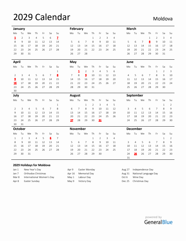 Standard Holiday Calendar for 2029 with Moldova Holidays 