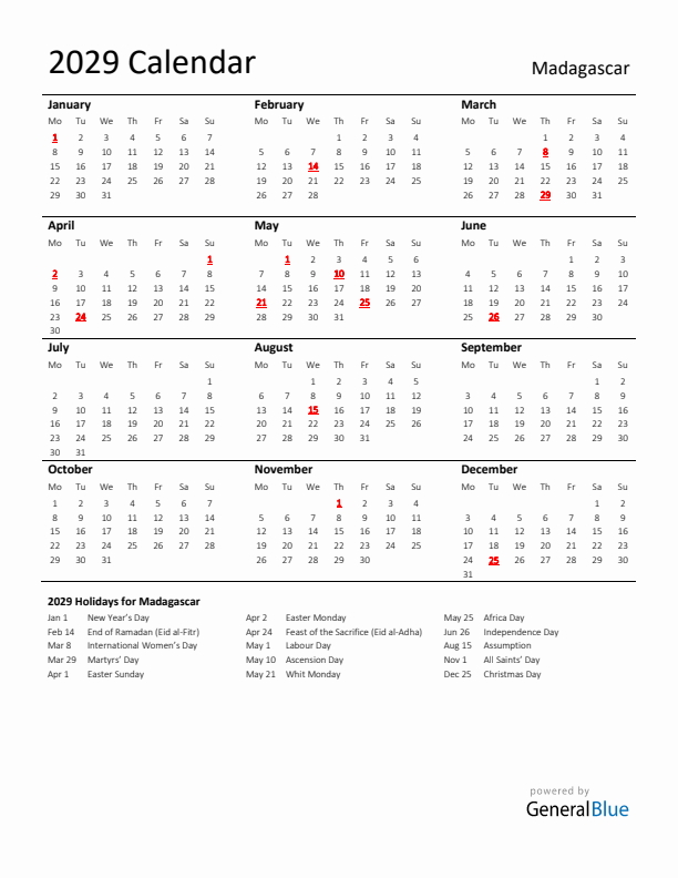 Standard Holiday Calendar for 2029 with Madagascar Holidays 