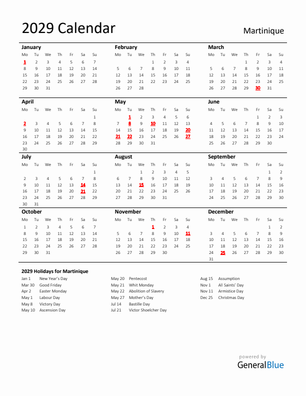 Standard Holiday Calendar for 2029 with Martinique Holidays 