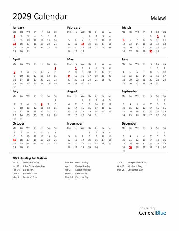 Standard Holiday Calendar for 2029 with Malawi Holidays 