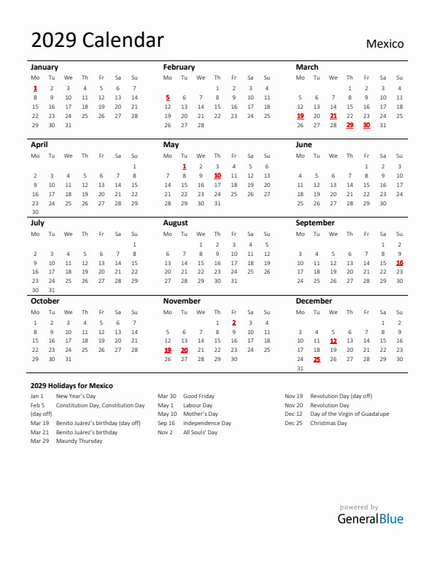 Standard Holiday Calendar for 2029 with Mexico Holidays 