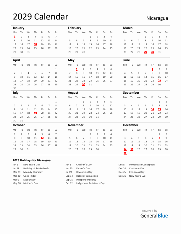 Standard Holiday Calendar for 2029 with Nicaragua Holidays 