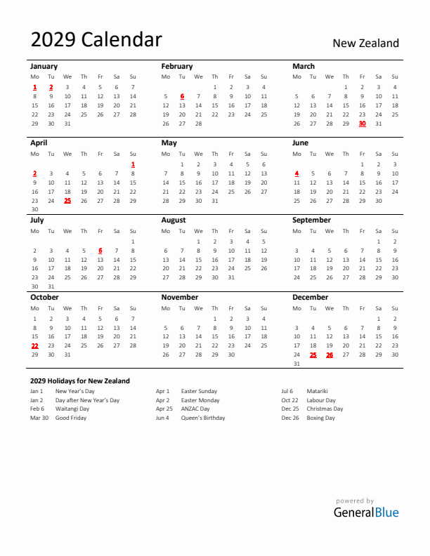 Standard Holiday Calendar for 2029 with New Zealand Holidays 