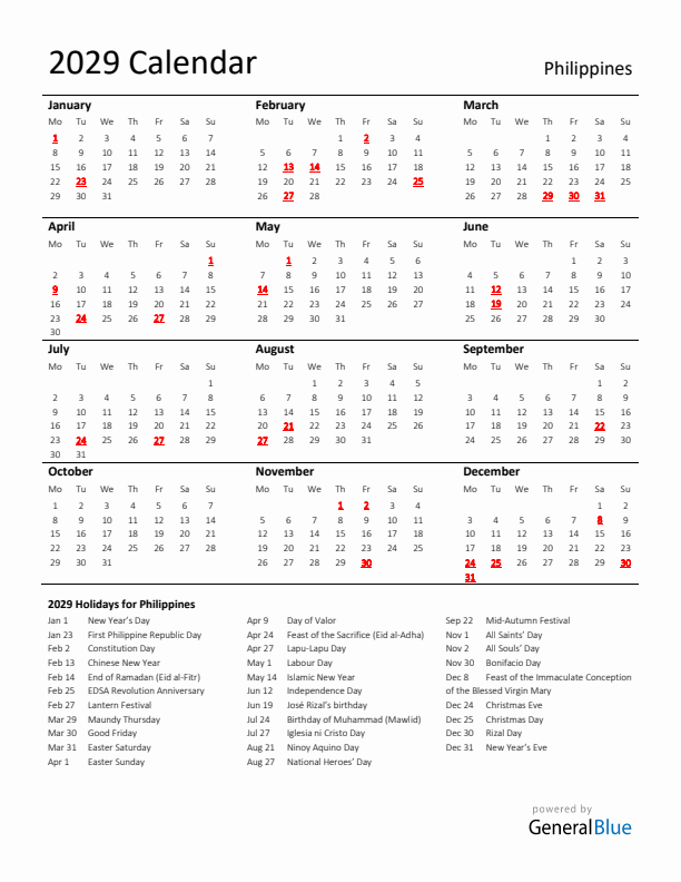 Standard Holiday Calendar for 2029 with Philippines Holidays 