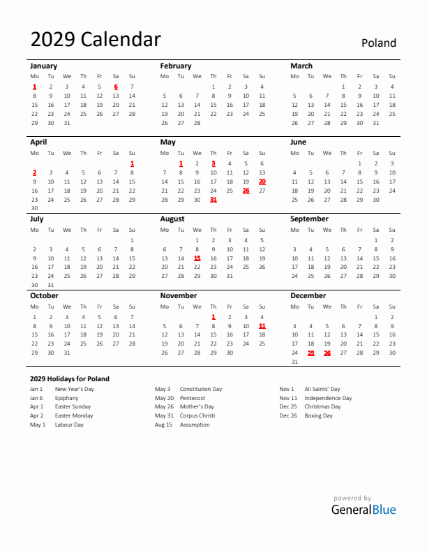 Standard Holiday Calendar for 2029 with Poland Holidays 