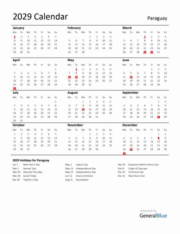 Standard Holiday Calendar for 2029 with Paraguay Holidays 