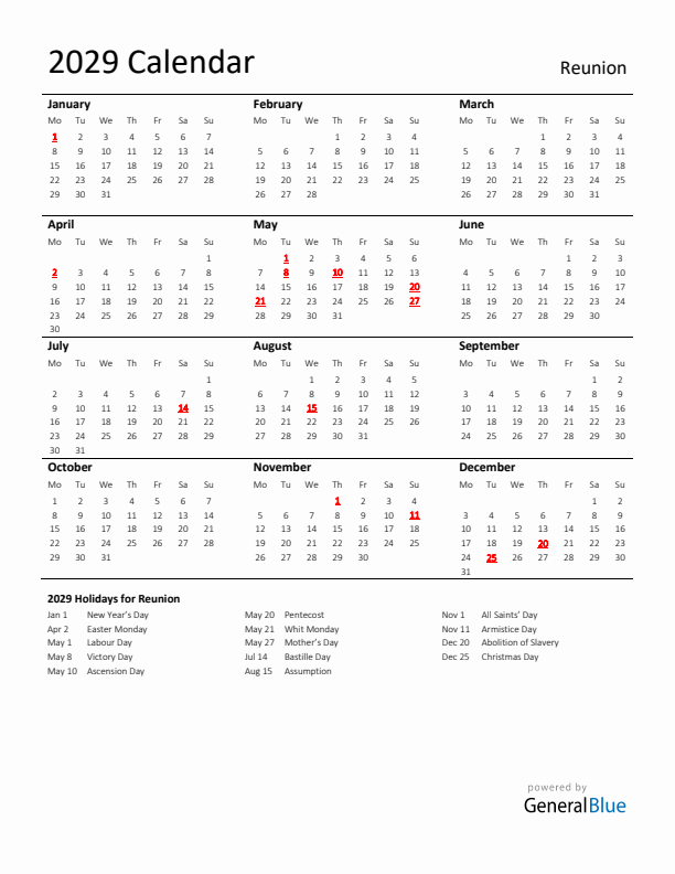 Standard Holiday Calendar for 2029 with Reunion Holidays 
