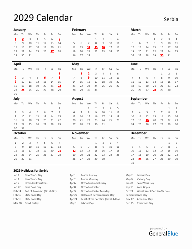 Standard Holiday Calendar for 2029 with Serbia Holidays 