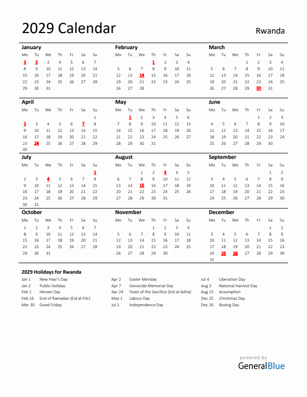 Standard Holiday Calendar for 2029 with Rwanda Holidays 