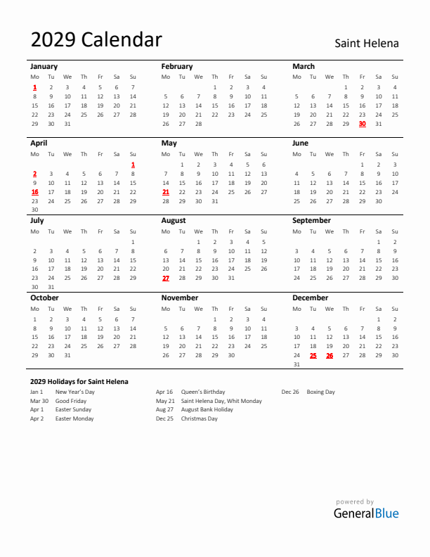 Standard Holiday Calendar for 2029 with Saint Helena Holidays 
