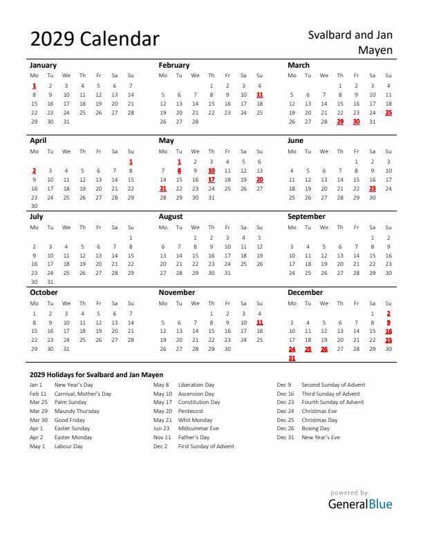 Standard Holiday Calendar for 2029 with Svalbard and Jan Mayen Holidays 